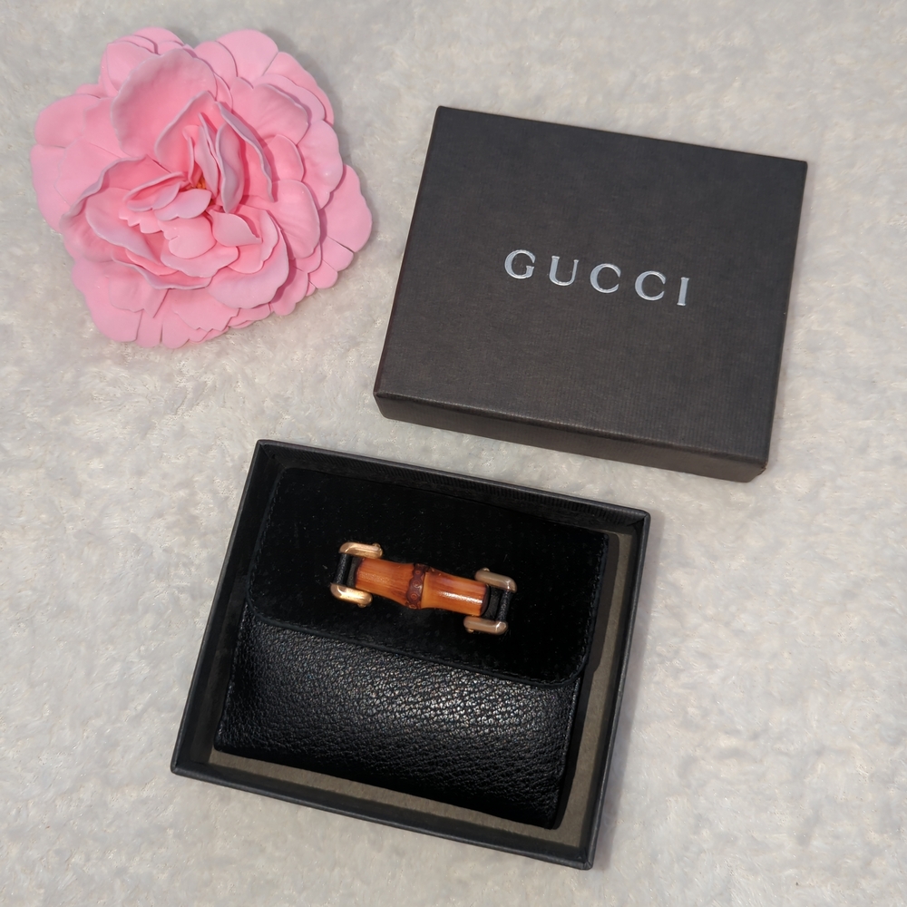 Gucci Black Leather Suede Bi Fold Wallet Bamboo Horsebit Authentic W/ Box + Tote - Picture 3 of 5